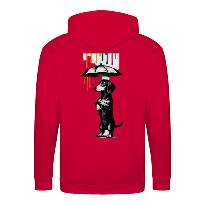 Dackel „Color Rain“ – Urban Street-Art Zip-Hoodie mit Dackel & Farbregen