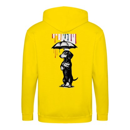 Dackel „Color Rain“ – Urban Street-Art Zip-Hoodie mit Dackel & Farbregen