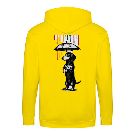 Dackel „Color Rain“ – Urban Street-Art Zip-Hoodie mit Dackel & Farbregen