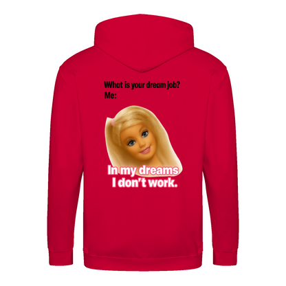 Traumjob Zip Hoodie – Satirischer Anti-Work Zip-Hoodie mit Puppen-Illustration