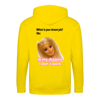 Traumjob Zip Hoodie – Satirischer Anti-Work Zip-Hoodie mit Puppen-Illustration