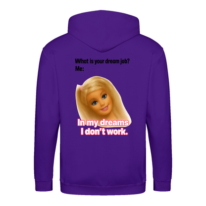 Traumjob Zip Hoodie – Satirischer Anti-Work Zip-Hoodie mit Puppen-Illustration