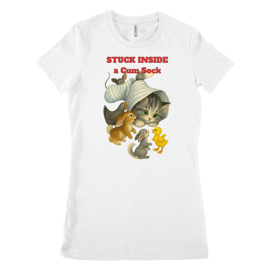 Weisses T-Shirt mit Schriftzug Stuck-Inside-a-Cum-Sock und surrealem Katzen-Tier-Motiv im Kinderbuch-Stil fuer Humorvolle.