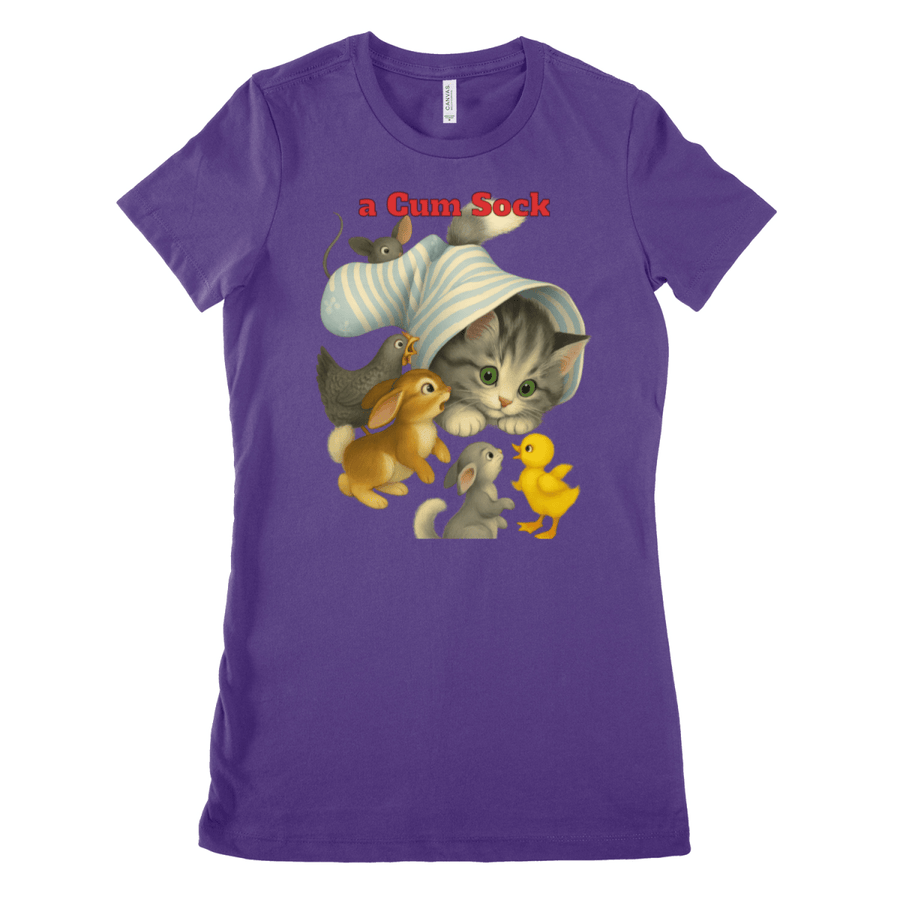 Violettes Damen-T-Shirt mit Schriftzug a-Cum-Sock und surrealen Katzen-Tieren in Vintage-Illustrationsstil fuer Katzenliebhaber.