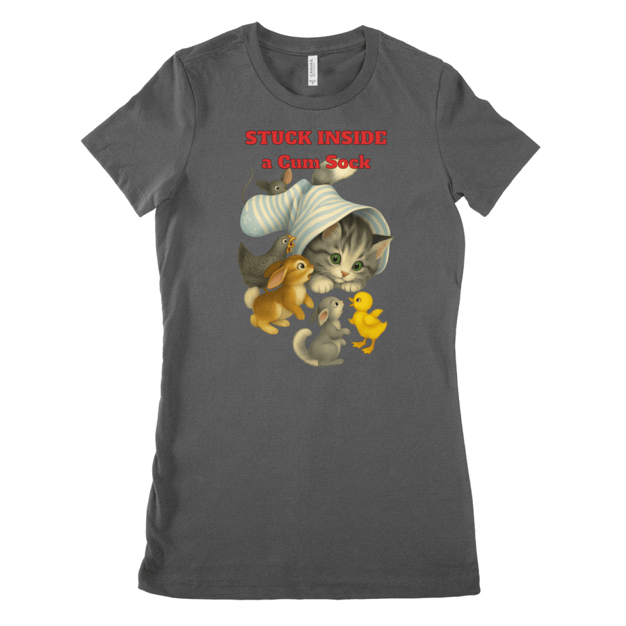 Anthrazites Damen-T-Shirt mit Schriftzug Stuck-Inside-a-Cum-Sock und surrealen Retro-Katzen-Illustrationen im Vintage-Kinderbuch-Stil fuer Humor-Liebhaber.