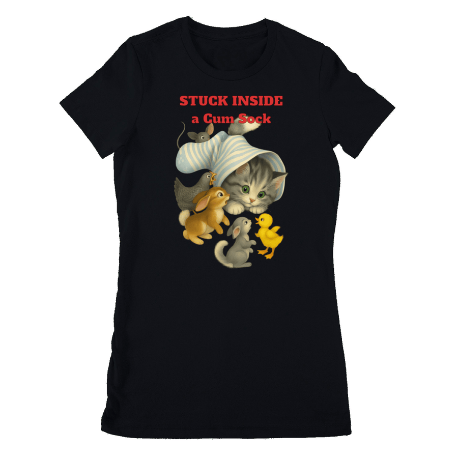 Schwarzes Damen-T-Shirt mit Schriftzug Stuck-Inside-a-Cum-Sock und surrealen Retro-Tier-Illustrationen im Vintage-Kinderbuch-Stil.