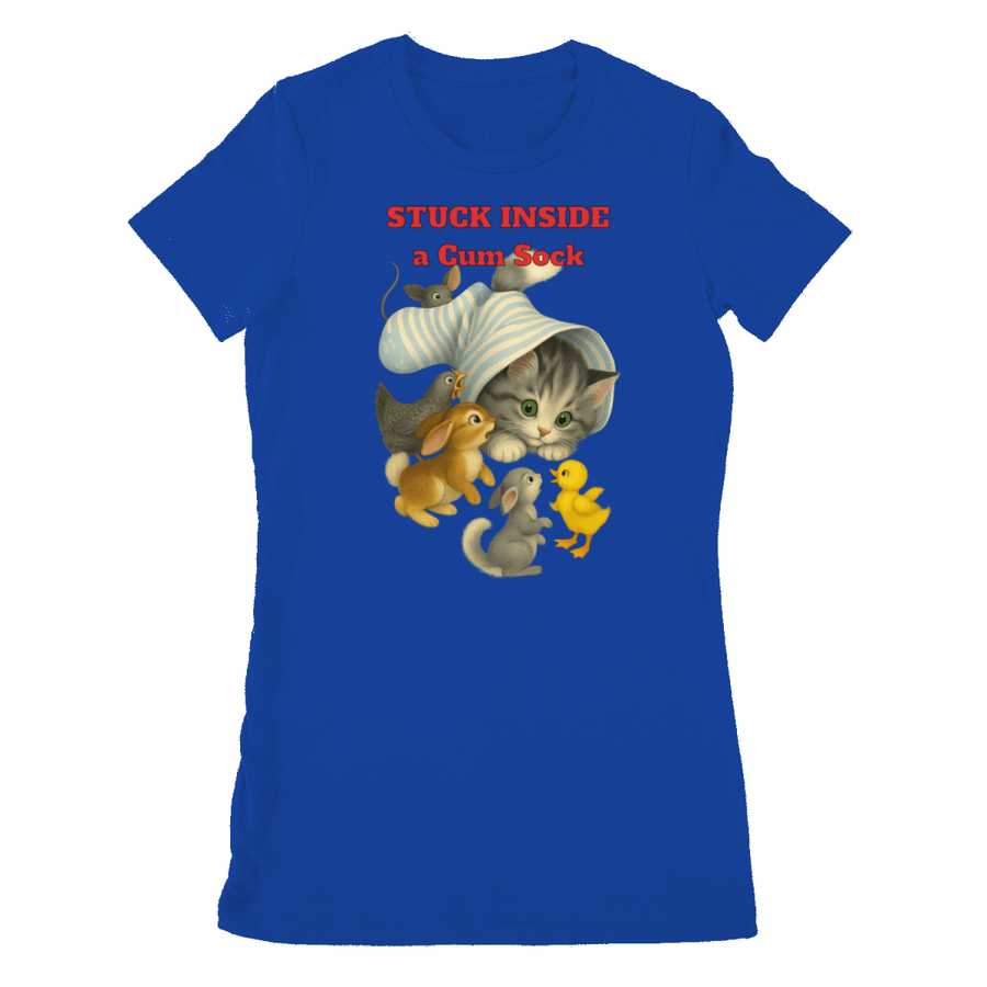 Blaues Damen-T-Shirt mit Schriftzug Stuck-Inside-a-Cum-Sock und surrealen Tier-Illustrationen im Kinderbuch-Stil fuer Humor-Liebhaber.