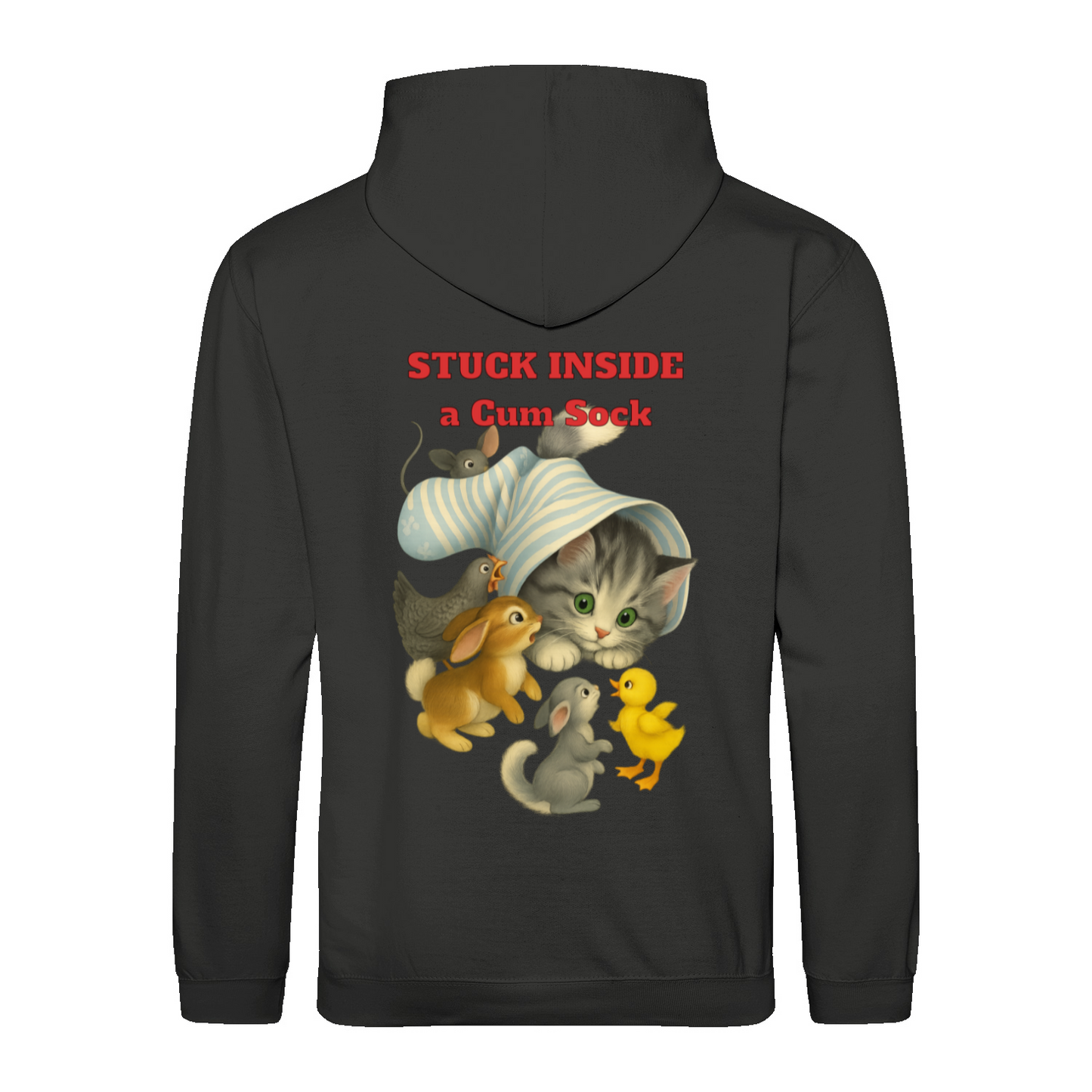Stuck Inside a Gum Sock Hoodie – Retro-Satire mit Katze & absurdem Humor