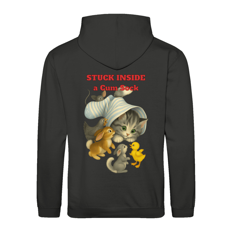 Stuck Inside a Gum Sock Hoodie – Retro-Satire mit Katze & absurdem Humor