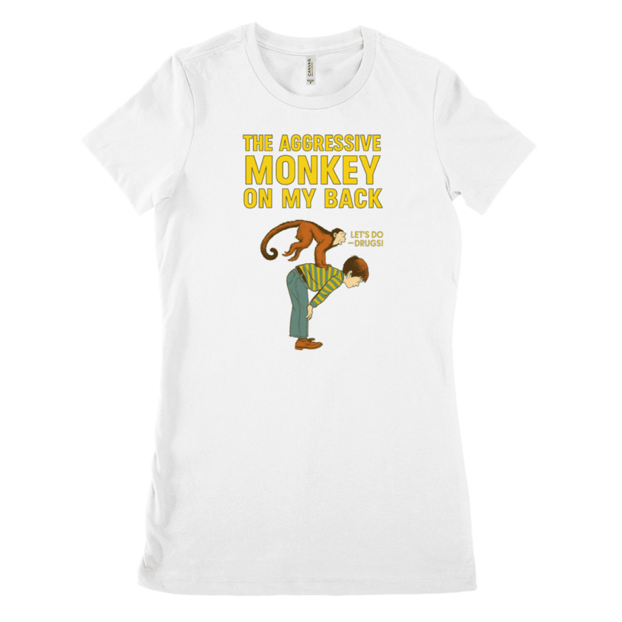 Weisses T-Shirt mit Schriftzug The-Aggressive-Monkey-on-my-Back und Affe auf Ruecken eines Mannes im Retro-Poster-Stil fuer Erwachsene.