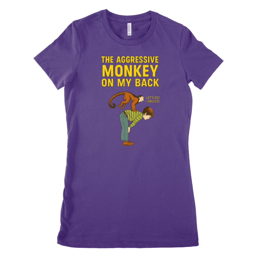Violettes T-Shirt mit Schriftzug The-Aggressive-Monkey-On-My-Back im Retro-Cartoon-Stil mit satirischer Drogenthematik fuer Erwachsene.