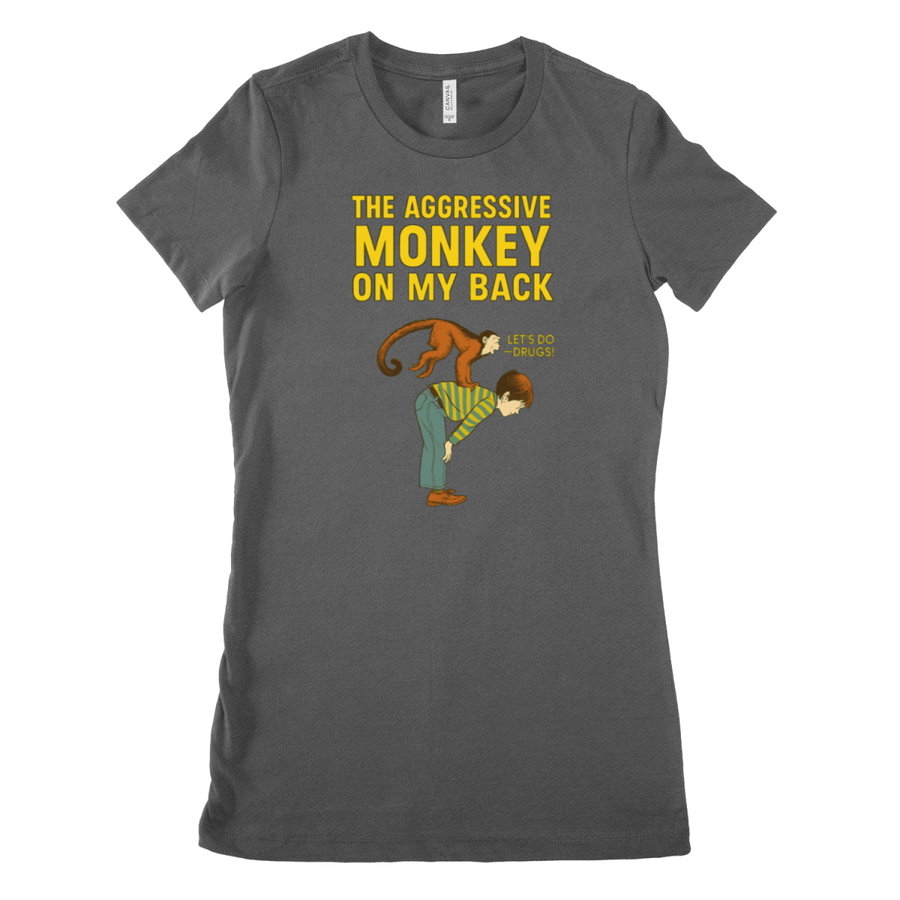 Dunkelgraues T-Shirt mit Schriftzug The Aggressive Monkey on My Back im Retro-Comic-Stil mit Illustration einer Person und braunem Affen, Satire fuer Erwachsene.
