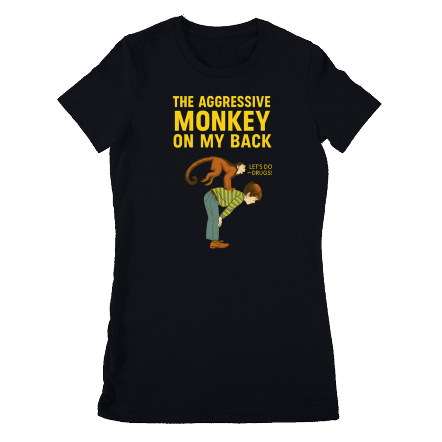 Schwarzes T-Shirt mit gelbem Schriftzug The-Aggressive-Monkey-On-My-Back und Retro-Illustration eines Mannes mit Affe im 80er-Jahre-Vintage-Stil für Erwachsene.