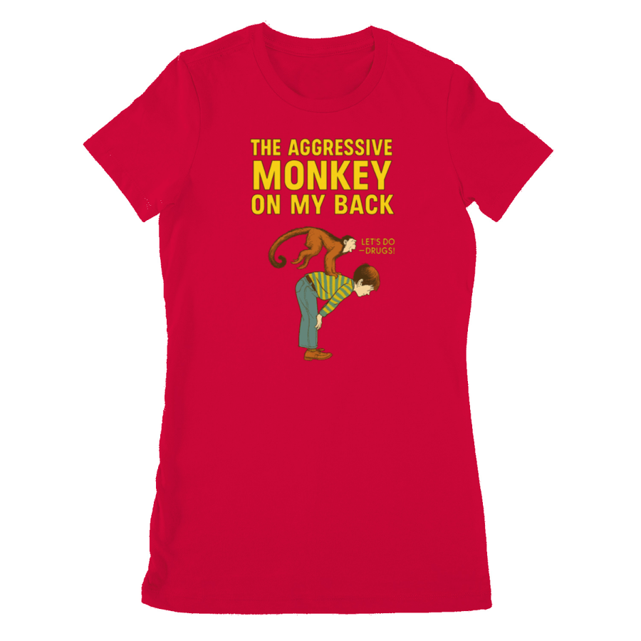 Rotes T-Shirt mit Schriftzug The-Aggressive-Monkey-On-My-Back im Retro-Poster-Stil mit Cartoon-Illustration fuer Erwachsene. Satire-Design.