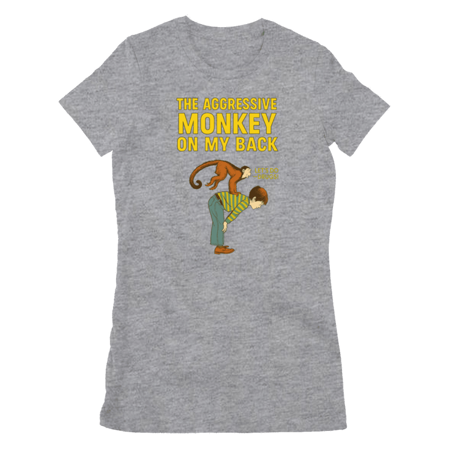 Graues T-Shirt mit Schriftzug The-Aggressive-Monkey-On-My-Back und Illustration eines Mannes mit Affe im Kinderbuch-Satire-Stil für Humorvolle.