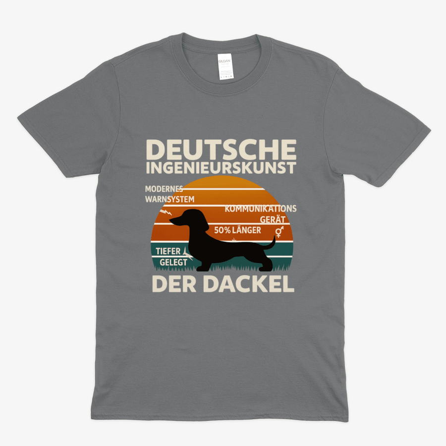 Charcoal T-Shirt mit Schriftzug Deutsche Ingenieurskunst Der Dackel im Retro-Poster-Stil mit Dackel-Silhouette und farbigen Streifen für Hundefreunde.