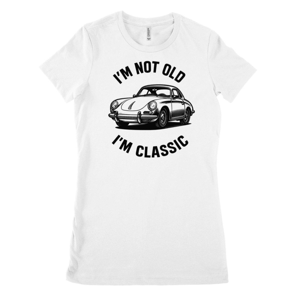 Weißes T-Shirt mit Schriftzug I'm-Not-Old-I'm-Classic und Porsche-Illustration im Retro-Poster-Stil für Autofans.