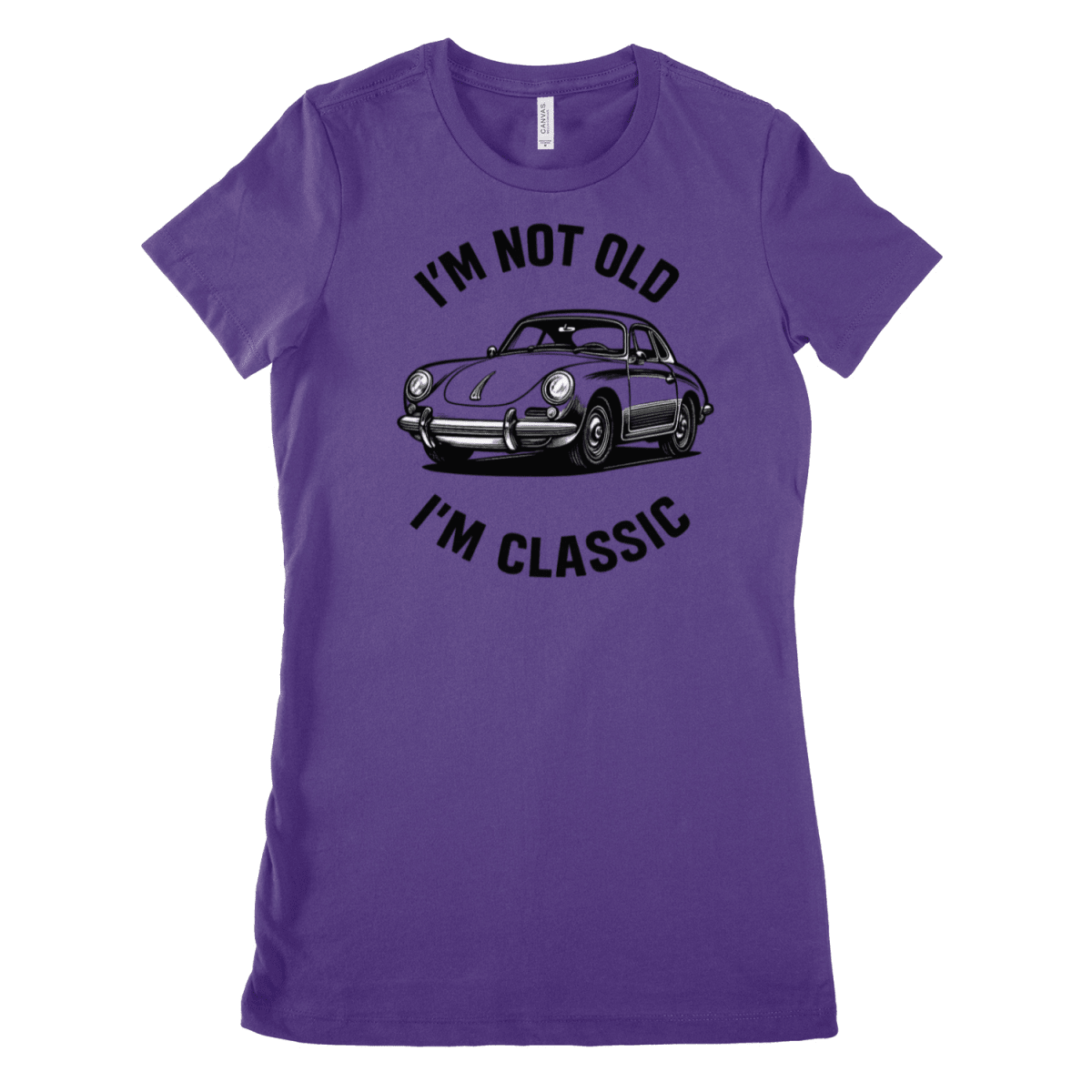 Violettes T-Shirt mit Schriftzug Im-Not-Old-Im-Classic und Porsche-Illustration im Retro-Poster-Stil fuer Autofans.