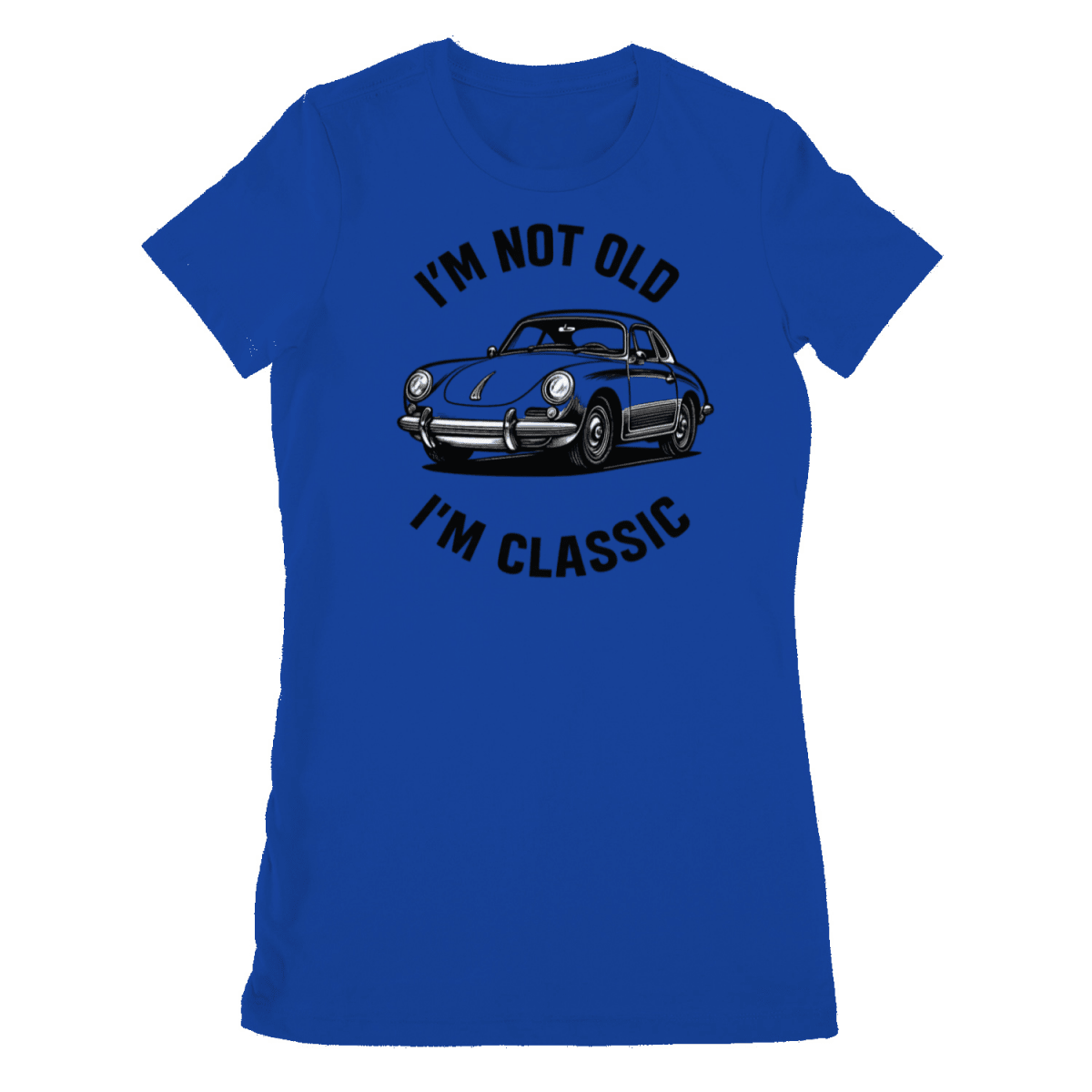 Blaues Damen-T-Shirt mit Schriftzug Ich-bin-nicht-alt-ich-bin-klassisch und Porsche-Illustration im Retro-Poster-Stil fuer Autofans.