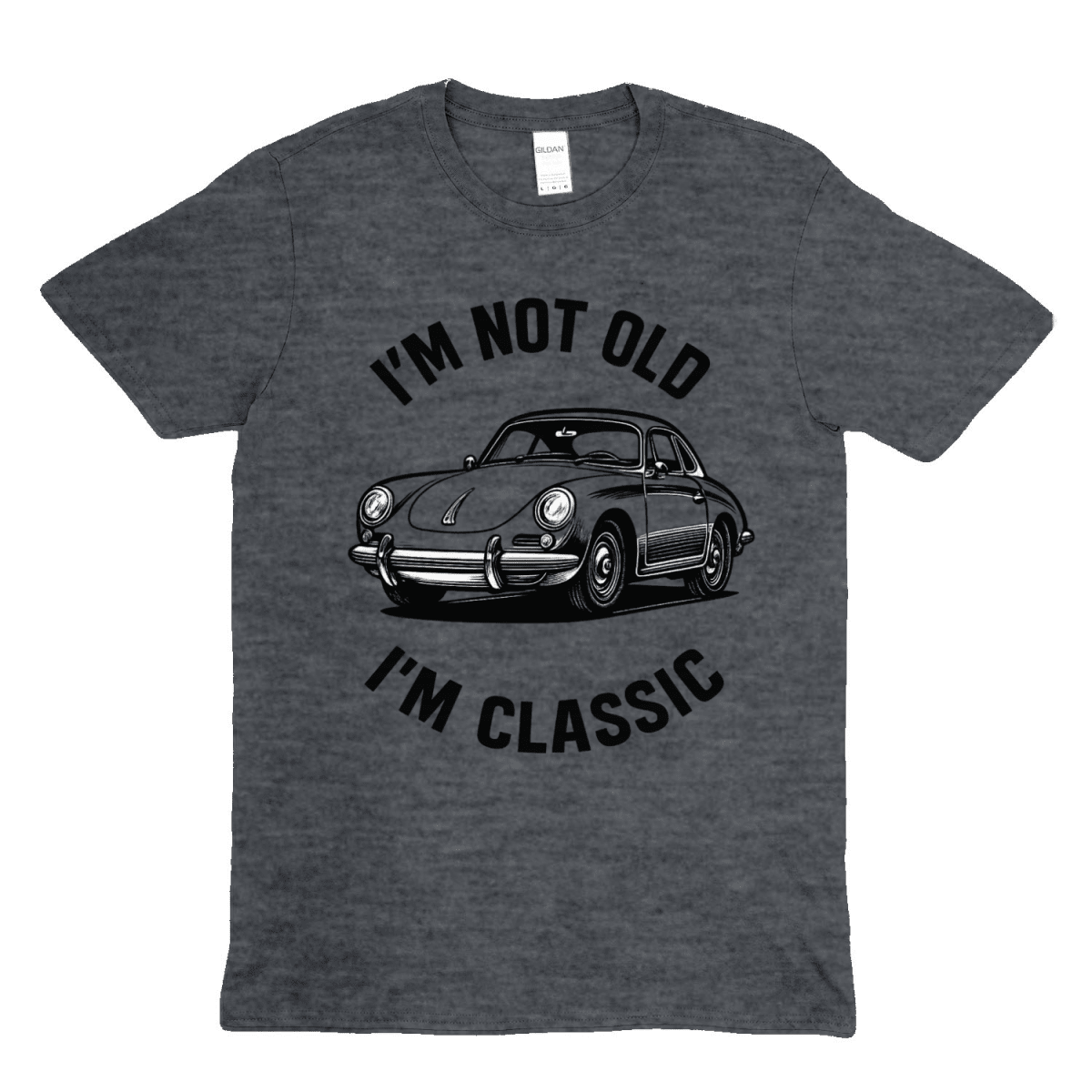 Anthrazitgraues T-Shirt mit Vintage-Design eines klassischen Porsche 356 und dem Spruch I'm not old I'm classic von True Insights.