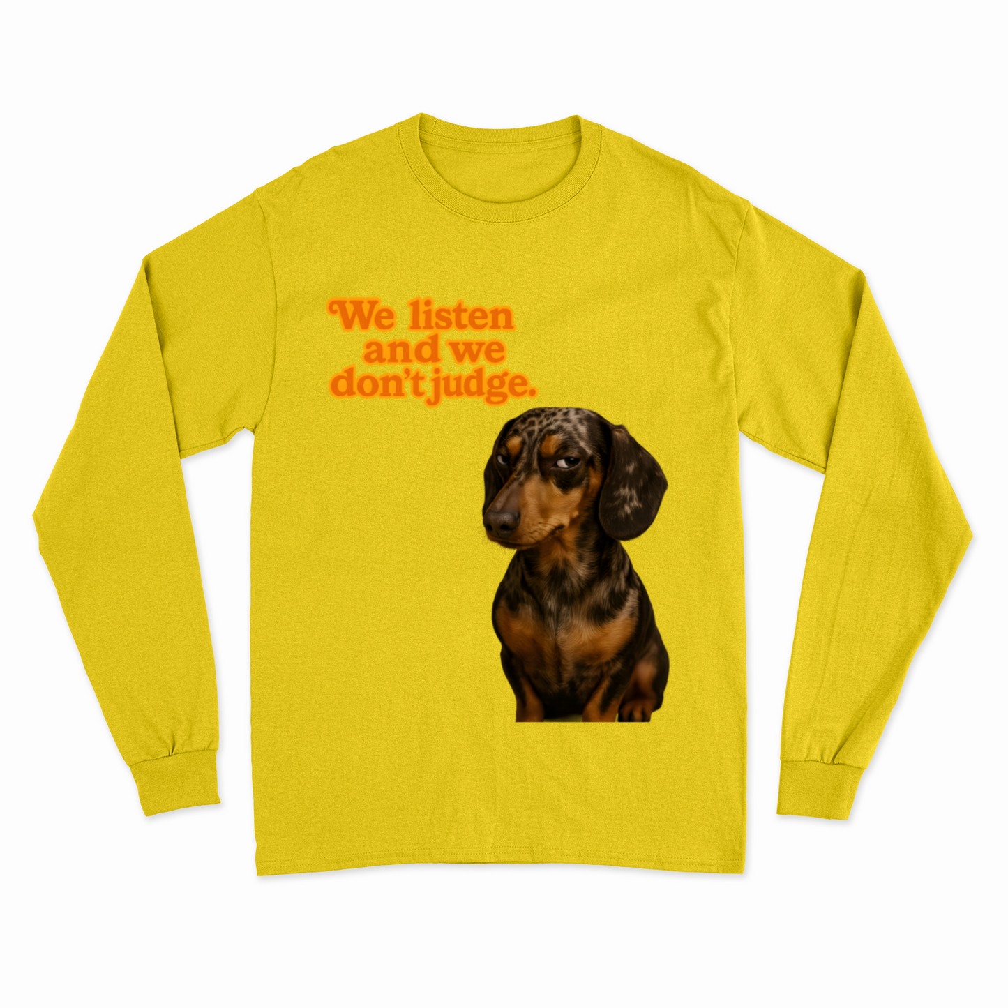 Sweatshirt „We Listen. And We Don’t Judge.“ – Dackel mit Herz & Humor
