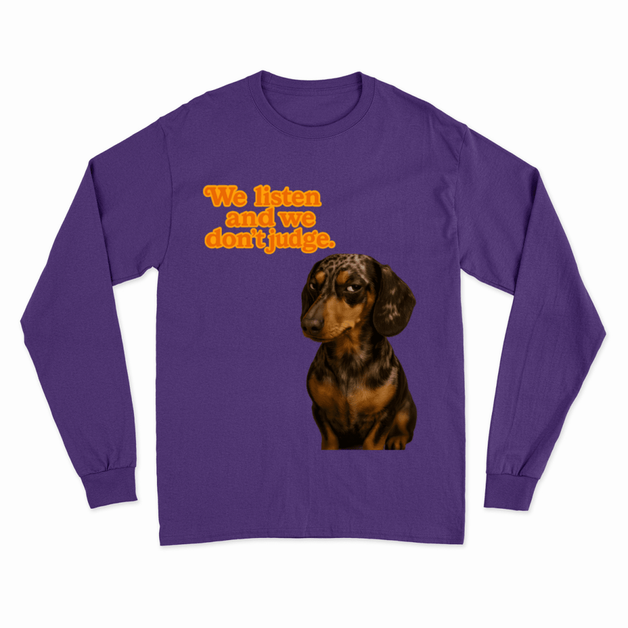 Sweatshirt „We Listen. And We Don’t Judge.“ – Dackel mit Herz & Humor-True Insights