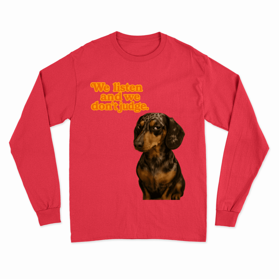 Sweatshirt „We Listen. And We Don’t Judge.“ – Dackel mit Herz & Humor-True Insights