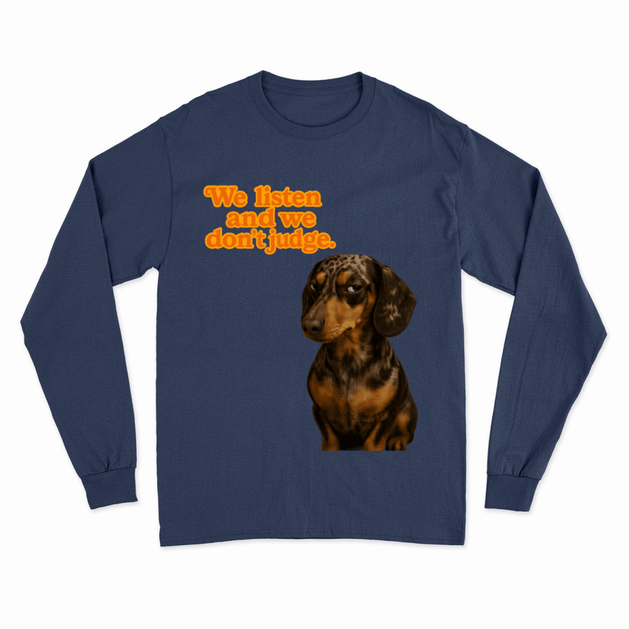 Sweatshirt „We Listen. And We Don’t Judge.“ – Dackel mit Herz & Humor-True Insights