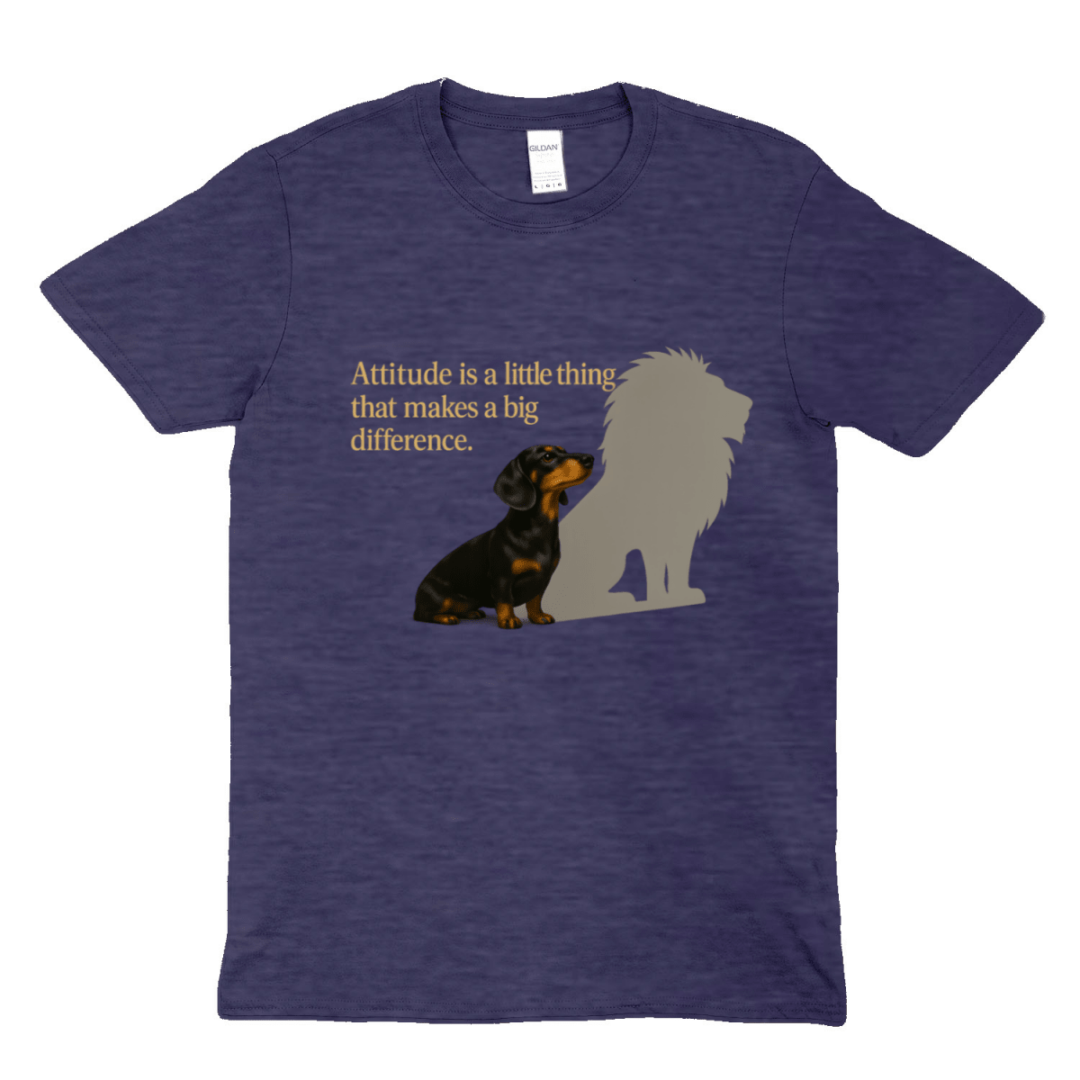Marineblau-violettes T-Shirt mit Dackel-Silhouette und Schriftzug Attitude-is-a-little-thing-that-makes-a-big-difference im Illustrationen-Stil fuer Hundeliebhaber.