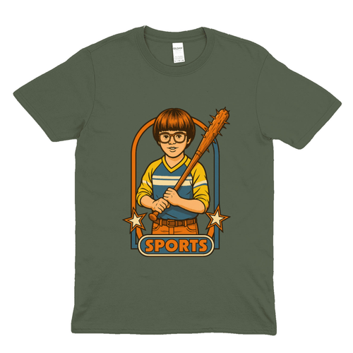 Olivgruenes T-Shirt mit Retro-Illustration eines Jungen mit Baseball-Schlaeger und Sports-Schriftzug im Vintage-Comic-Stil fuer Popkultur-Fans. True Insights.