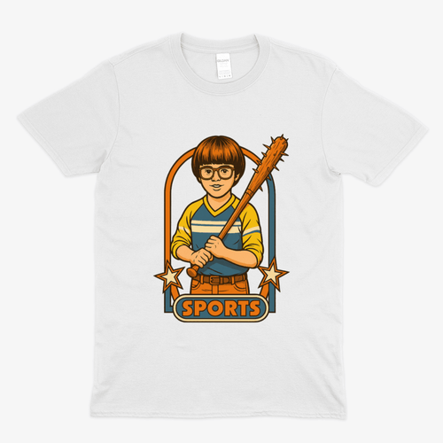 Weißes T-Shirt mit Retro-Illustration eines Jungen mit Baseballschläger im Vintage-Comic-Stil, Sports-Schriftzug, Ironie-Design für Popkultur-Fans.