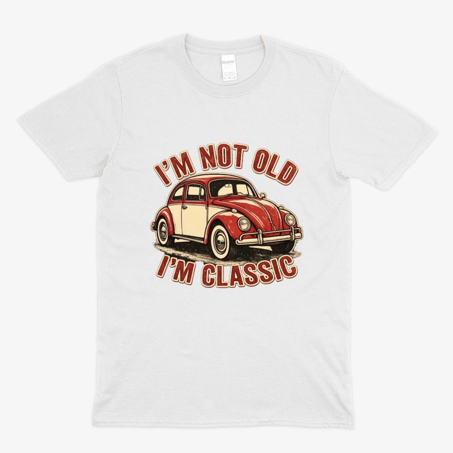 True Insights T-Shirt Oldtimer Käfer Motiv I'm Not Old I'm Classic Druckdetail in Nahaufnahme