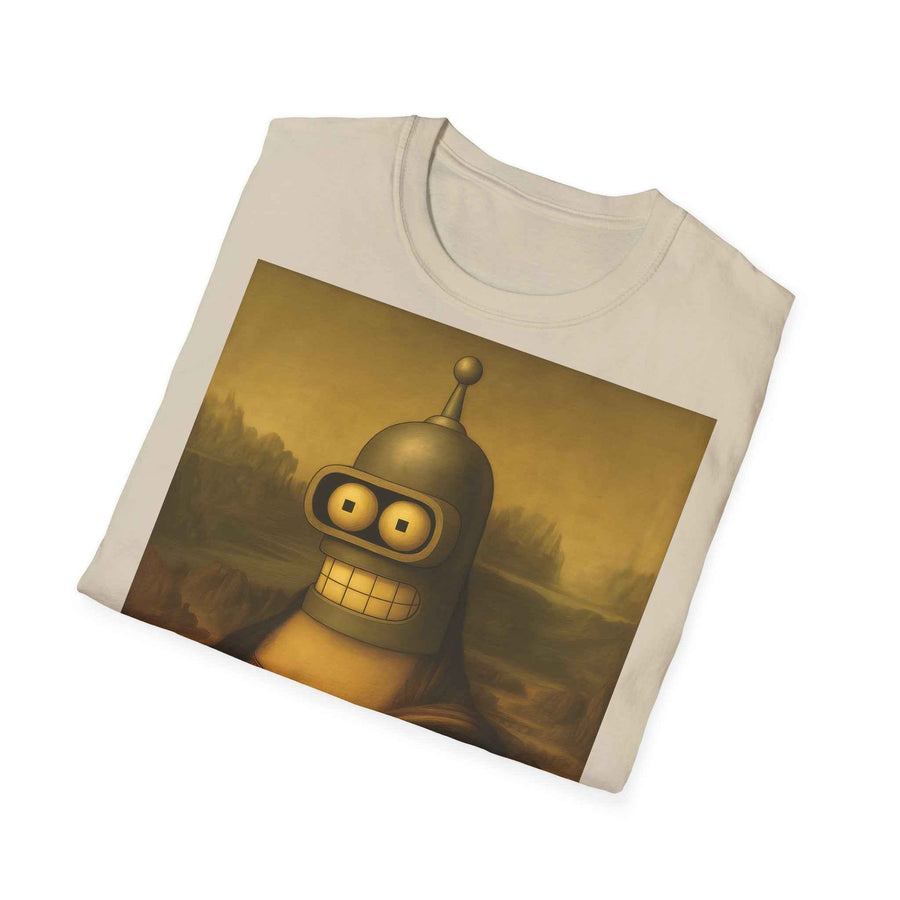 Zeigt ein dunkelgraues T‑Shirt mit Renaissance‑Motiv: Mona Lisa trägt Benders Roboterkopf, frontal fotografiert von True Insights.