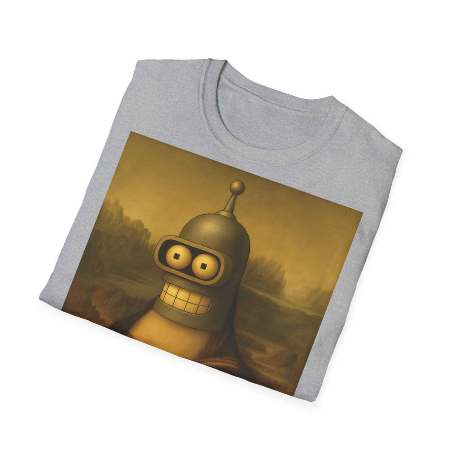 Zeigt ein anthrazitfarbenes T-Shirt in Vorderansicht mit der Mona Lisa, deren Gesicht durch einen grinsenden Bender-Roboterkopf ersetzt ist, von True Insights.