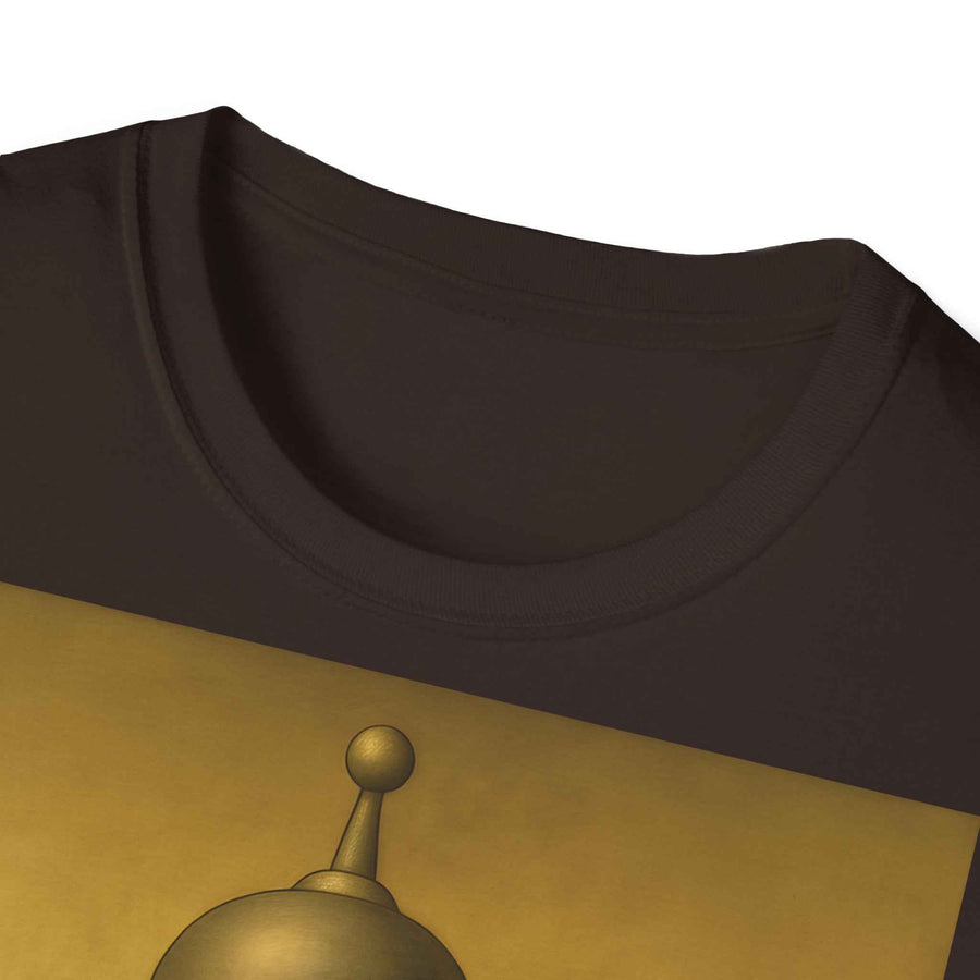 Frontansicht eines anthrazitfarbenen T-Shirts mit Mona Lisa als Bender, ihr Gesicht durch Roboterkopf ersetzt, von True Insights.