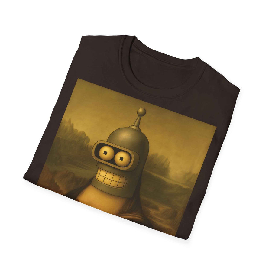 Das anthrazitfarbene T‑Shirt zeigt frontal die Mona Lisa mit durch Benders Roboterkopf ersetztem Gesicht, von True Insights.