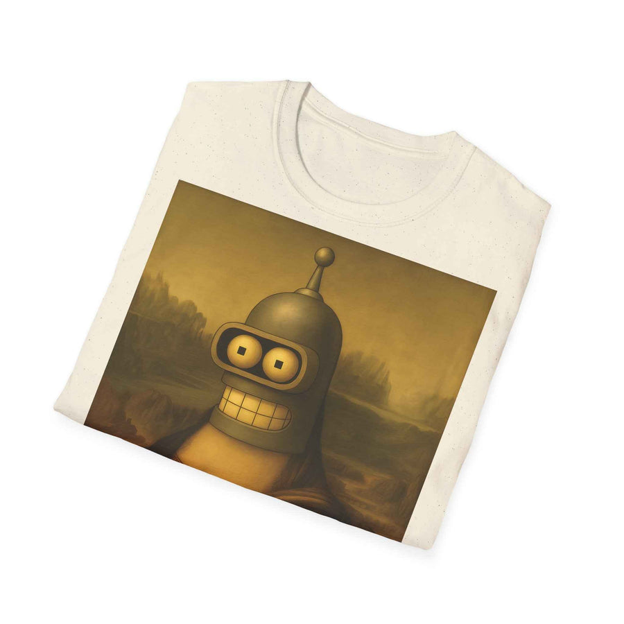Zeigt ein anthrazitfarbenes T-Shirt mit Renaissance-Mona Lisa, deren Gesicht Benders Roboterkopf trägt, von True Insights.