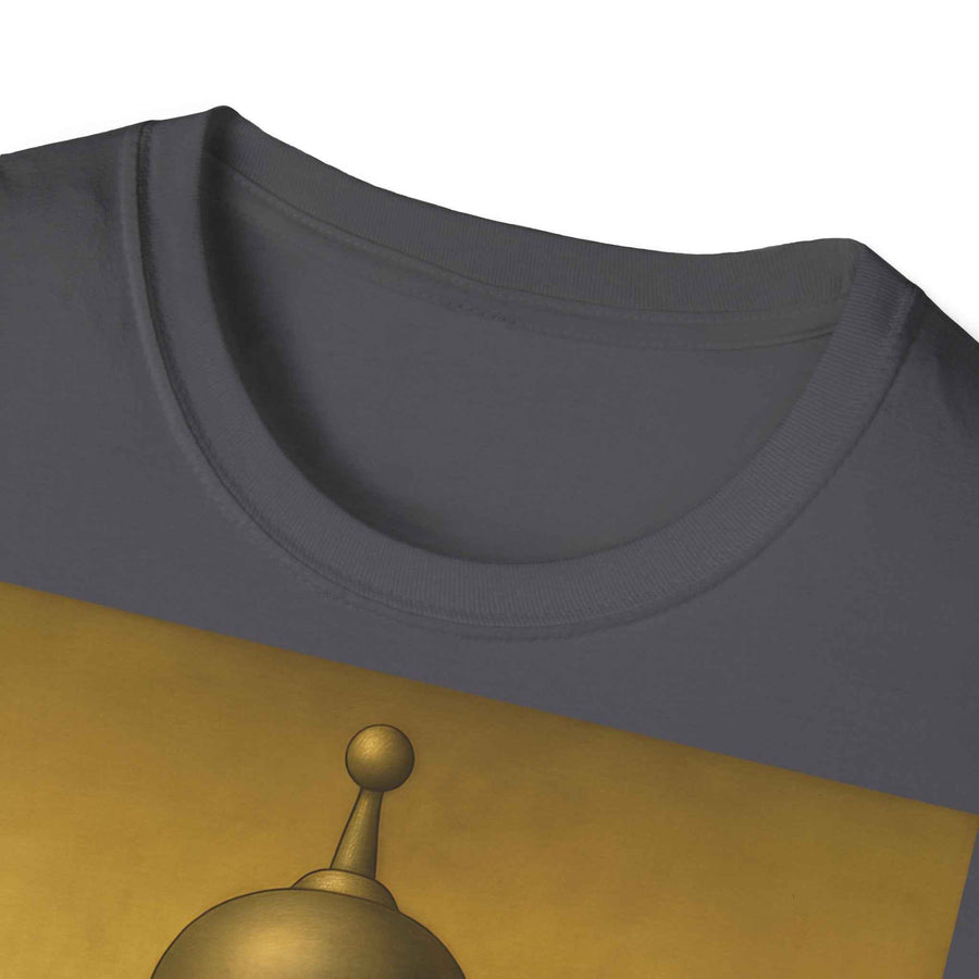 Zeigt ein anthrazitfarbenes T-Shirt mit der Mona Lisa, deren Gesicht durch Benders Roboterkopf ersetzt wurde, von True Insights.
