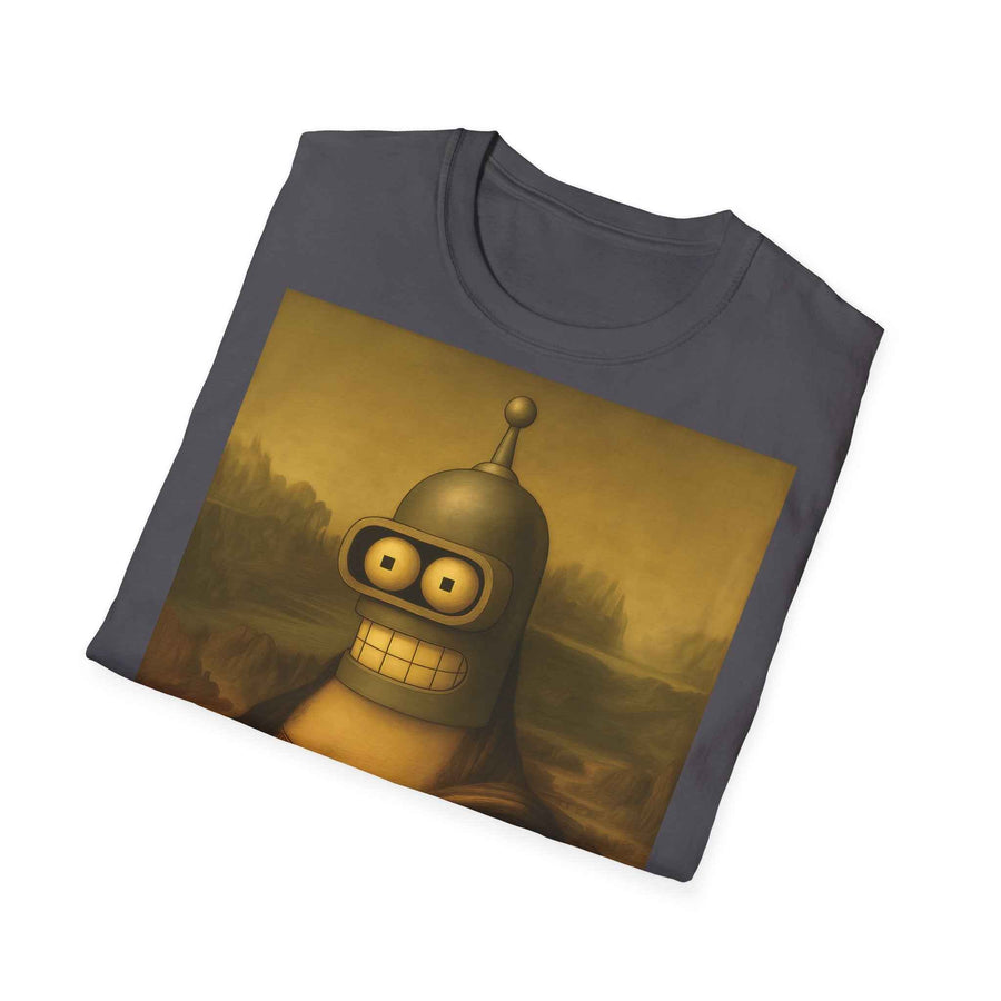 Das anthrazitfarbene T-Shirt zeigt die Mona Lisa mit Benders Roboterkopf vor Renaissance-Landschaft, von True Insights.