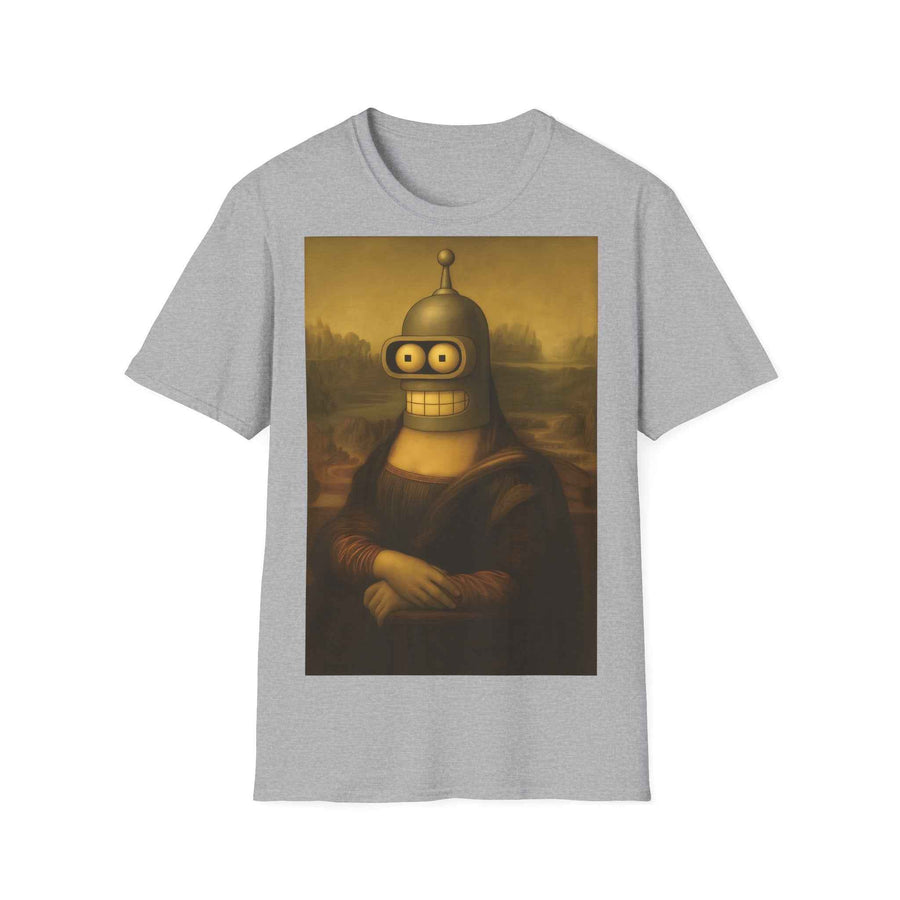Ein anthrazitfarbenes T‑Shirt zeigt die Mona Lisa mit Benders Roboterkopf und Antenne vor dem originalen Landschaftshintergrund von True Insights.