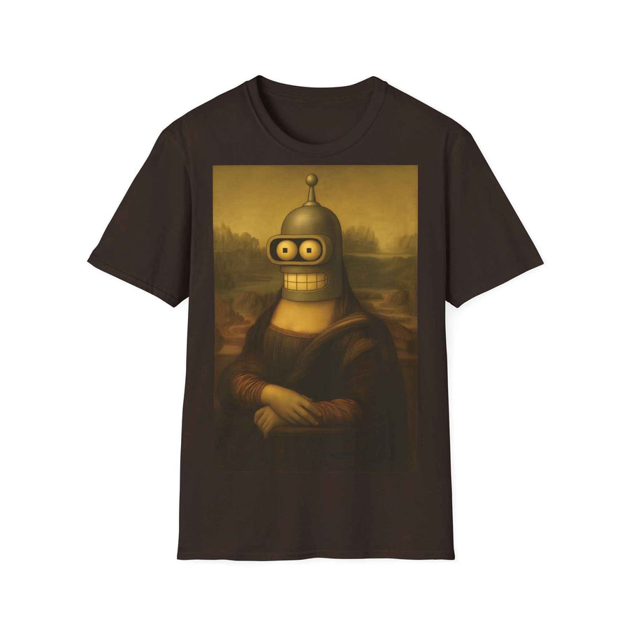 Zeigt ein anthrazitfarbenes T‑Shirt frontal mit Mona-Lisa-Motiv, bei dem Benders Roboterkopf das Gesicht ersetzt, von True Insights.