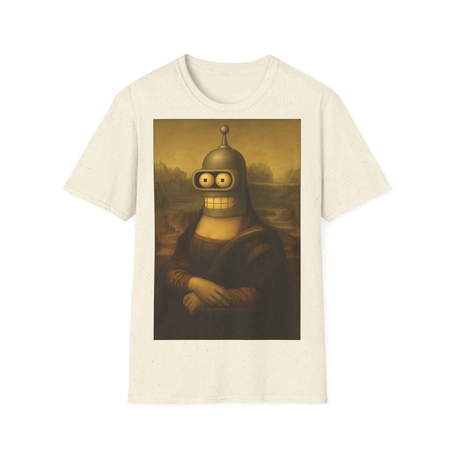 Ein anthrazitfarbenes Shirt zeigt die Mona Lisa mit Benders Roboterkopf im Renaissance-Stil, aus dem Sortiment von True Insights.