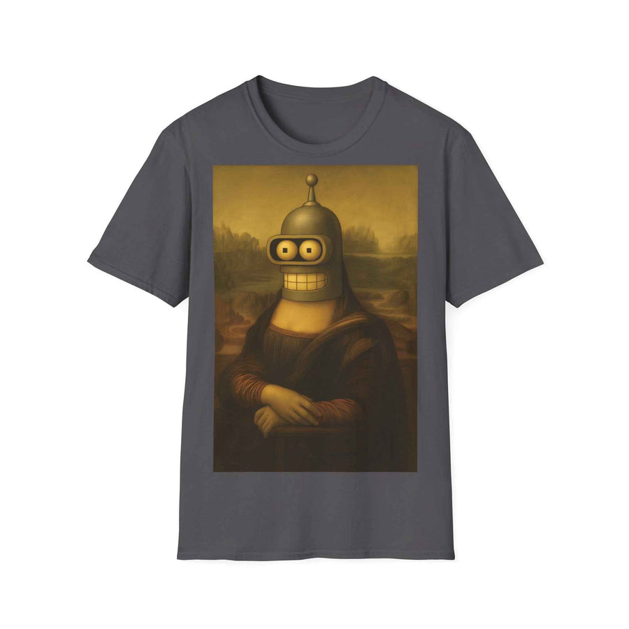 Zeigt die anthrazitfarbene Shirtvorderseite mit Mona Lisa in Renaissance, deren Gesicht den Bender-Kopf trägt, von True Insights.