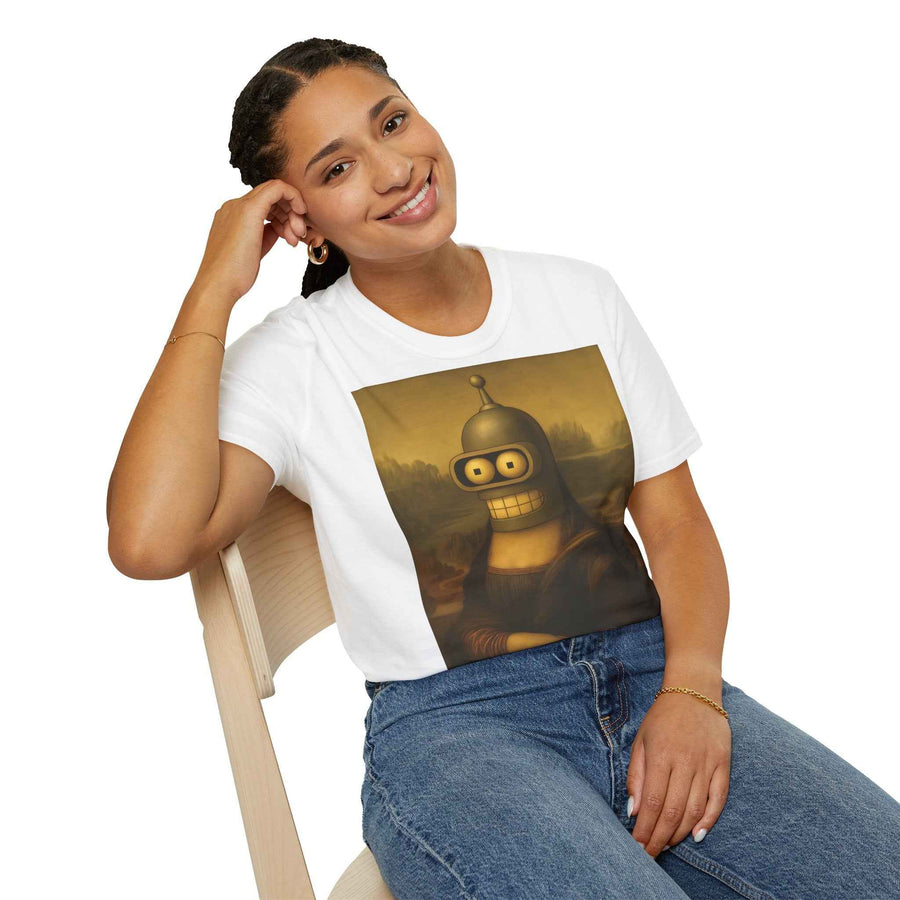 Das anthrazitfarbene T‑Shirt zeigt frontal die Mona Lisa mit Benders Roboterkopf im Renaissance‑Stil, von True Insights.