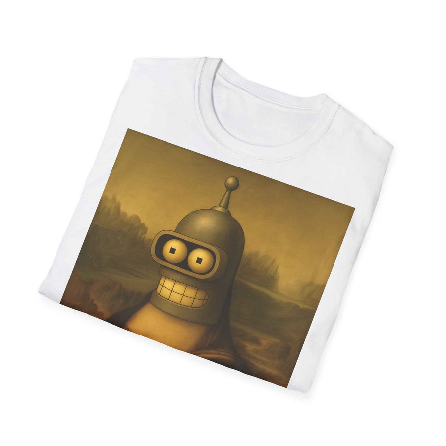 Ein anthrazitfarbenes T‑Shirt zeigt die Mona Lisa mit Benders Roboterkopf vor Renaissancekulisse, von True Insights.