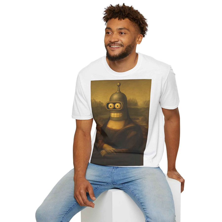 Zeigt die Frontansicht eines anthrazitfarbenen T‑Shirts mit Mona Lisa, deren Gesicht durch Benders Roboterkopf ersetzt wurde von True Insights.