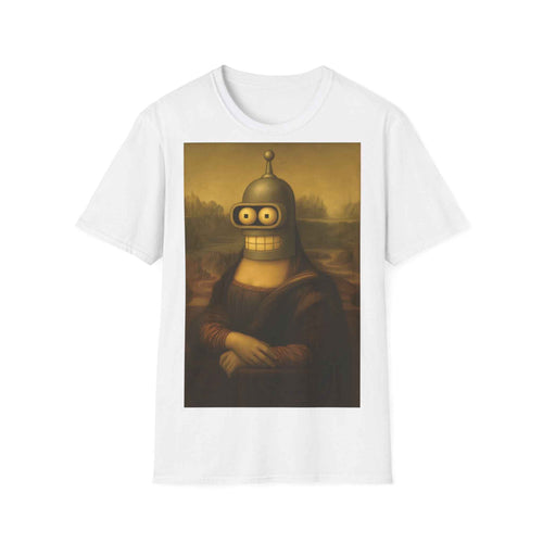 Anthrazitfarbenes T-Shirt zeigt die Mona Lisa mit Benders Roboterkopf in Renaissance-Kulisse, aus dem Sortiment von True Insights.