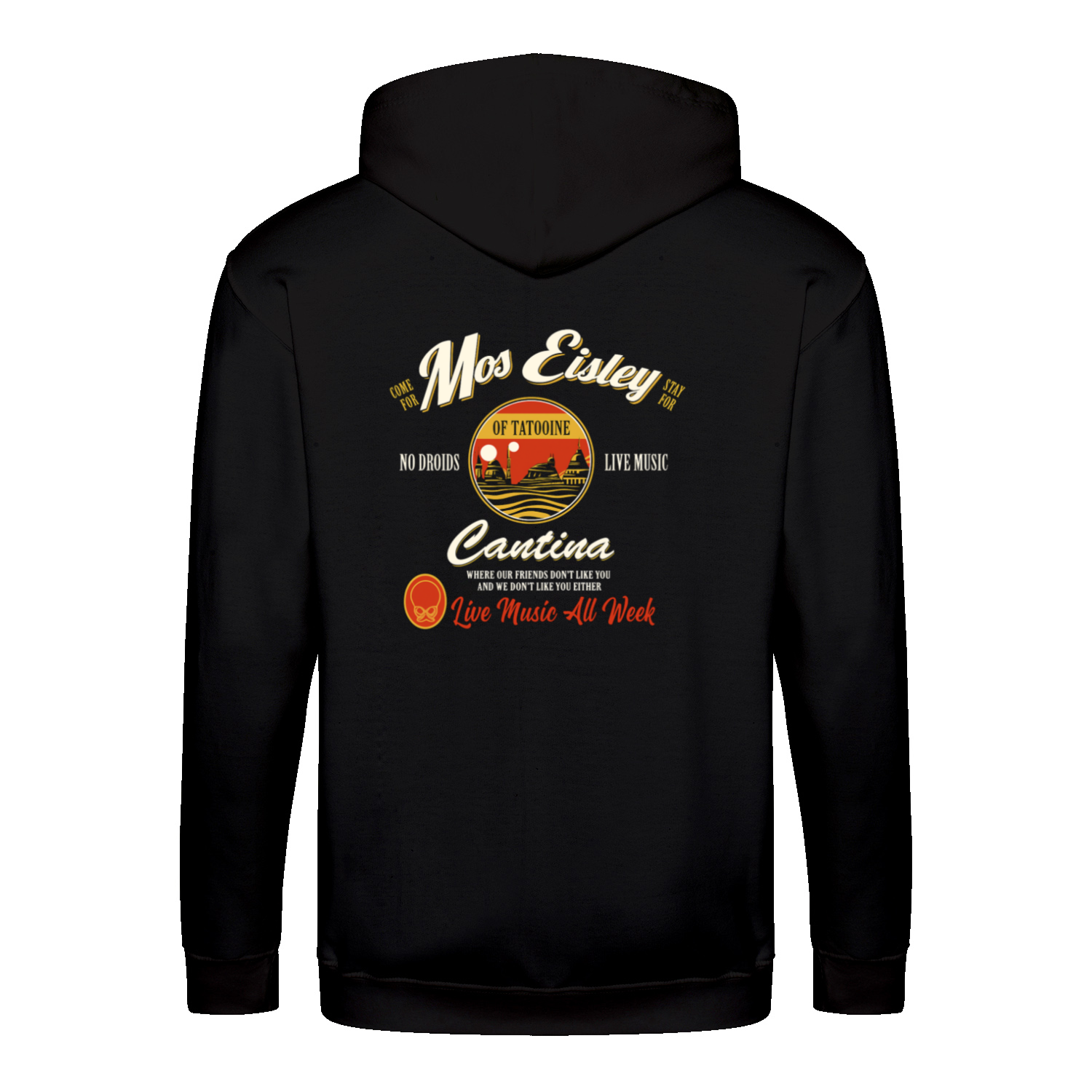 Mos Eisley Cantina Zip Hoodie – Backprint „Live Music All Week“-Zip Hoodie-True Insights