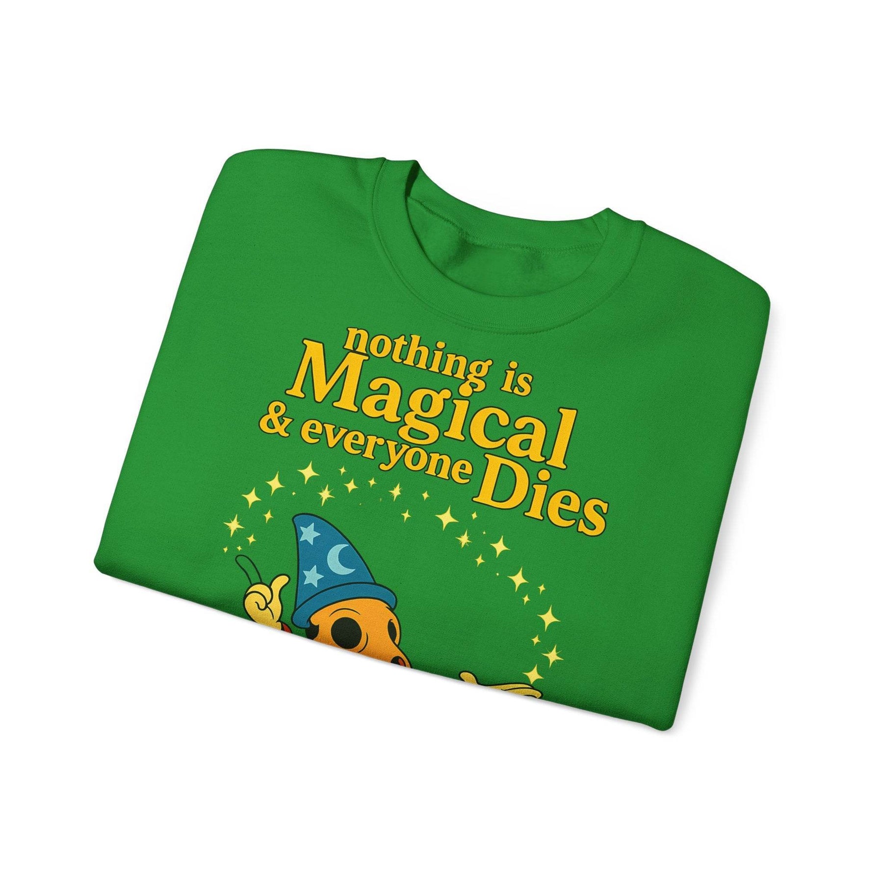 Ein aschgraues Sweatshirt zeigt vorn ein sarkastisches Skelett im Zaubergewand mit Fingerzeig und trockenem Humor von True Insights.