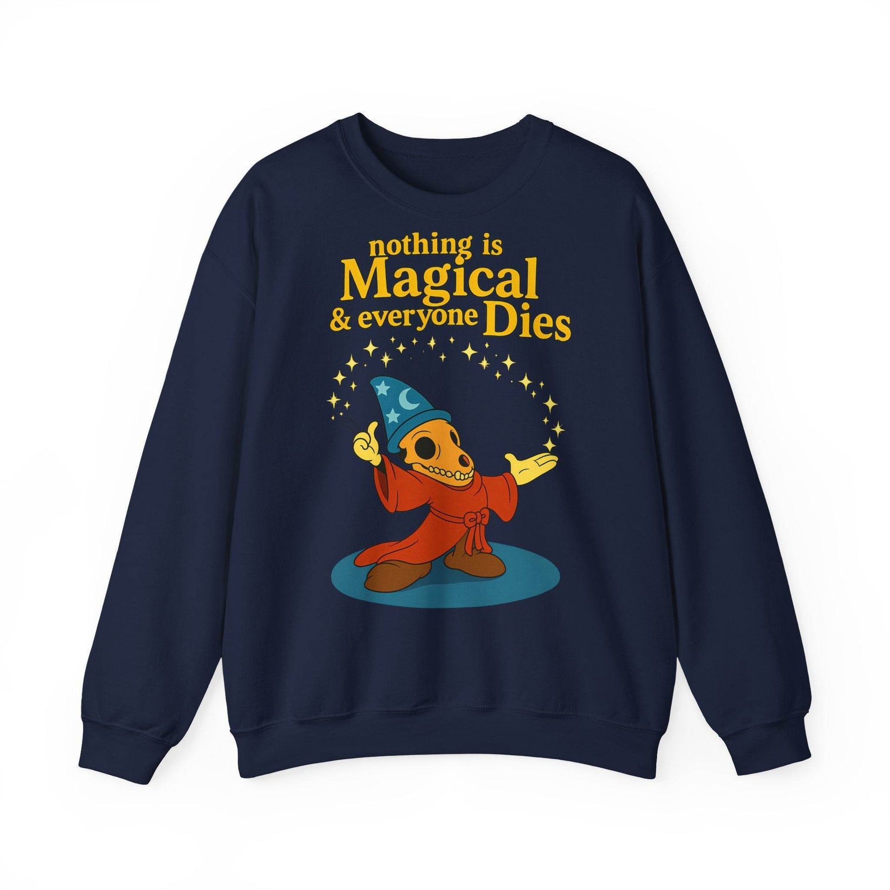 Ein aschgraues Sweatshirt mit satirischem Skelett-Print in Frontansicht zeigt das zynische Motto, von True Insights.